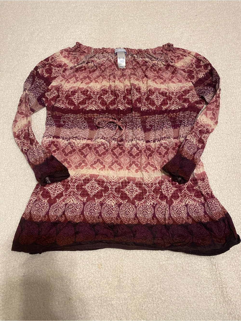 Boho Burgundy Printed Long-Sleeve Tunic Top